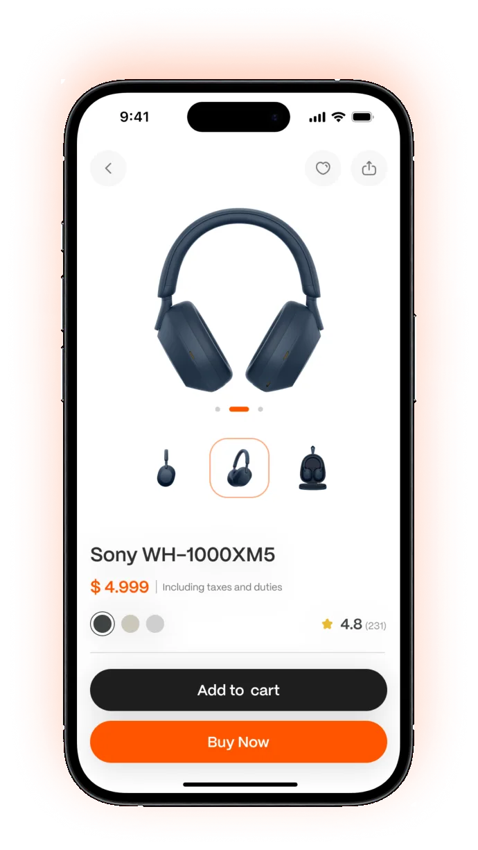 Una app de tienda online en un iPhone, con la ficha de unos auriculares