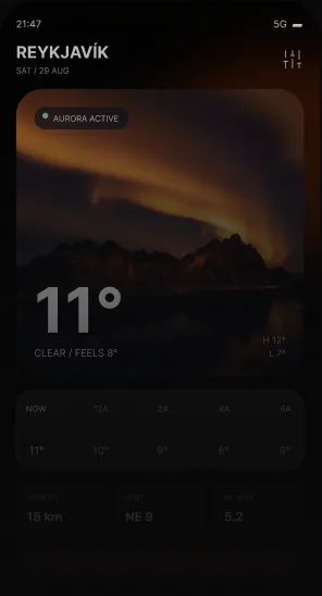 App de auroras boreales con la previsión de Reikiavik