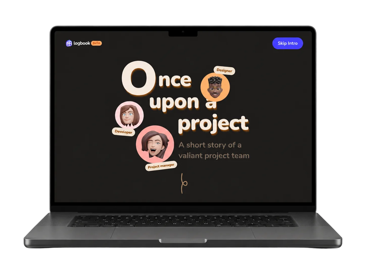 Portátil con la portada de Logbook, «Once upon a project»