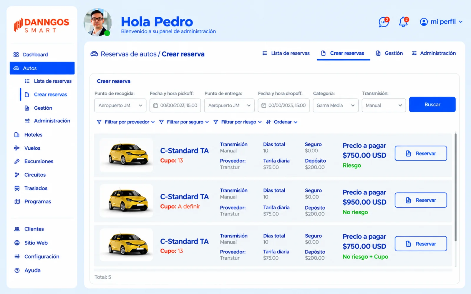 Interfaz del proyecto: Desarrollo de software · Plataforma de gestión · Turismo